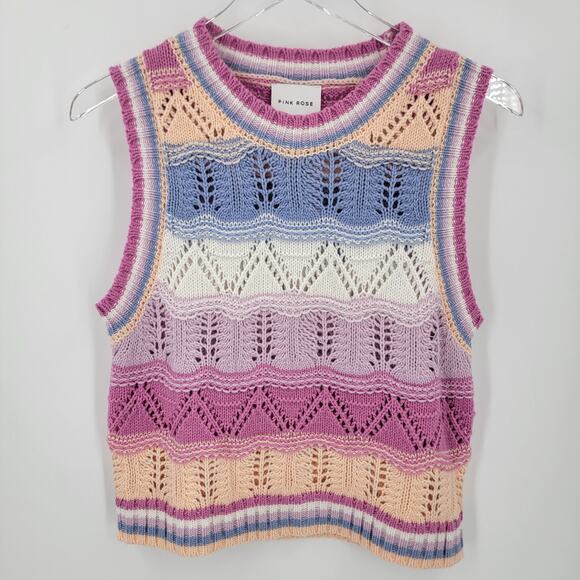 Pink Rose Sweater Vest Womens Medium Striped Open Knit Pastels Preppy Coastal - Picture 5 of 10